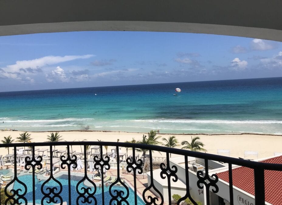 View of the blue Caribbean from balcony at Hyatt Zilara Cancun. 