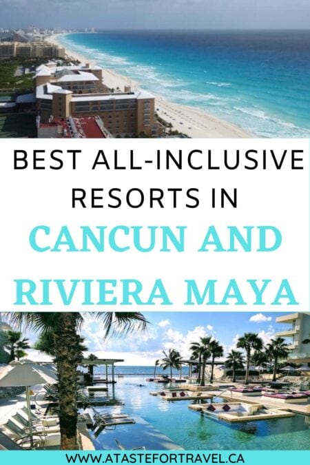 beach in Cancun and swimming pool with text overlay of best all-inclusive resorts in Cancun Mexico.