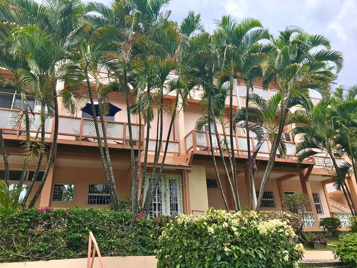 Exterior of Bougainvillea Apartments a budget place to stay in Grenada. 