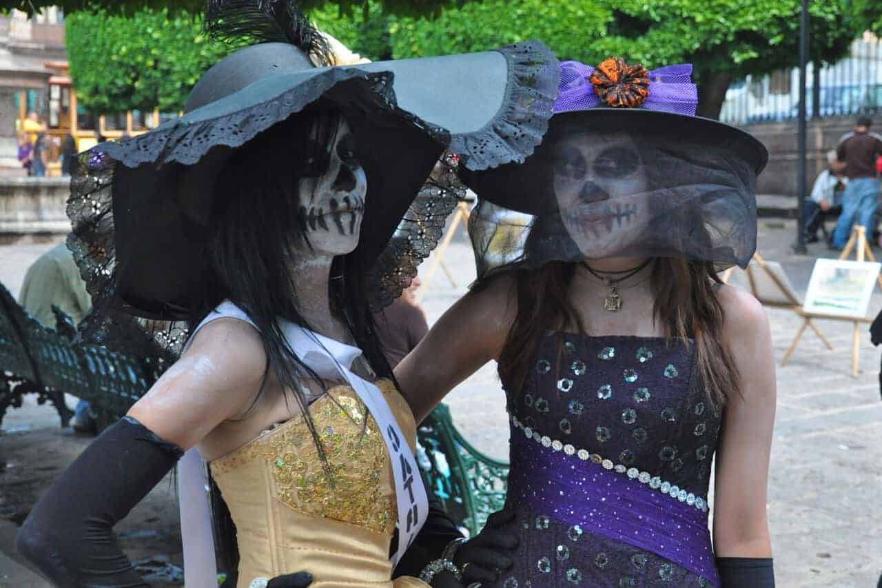 Two girls dressed as catrinas in Morelia, Michoacan.