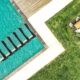 Drone shot of Santa Barbara Eco-Resort with swimming pool and rooftop.