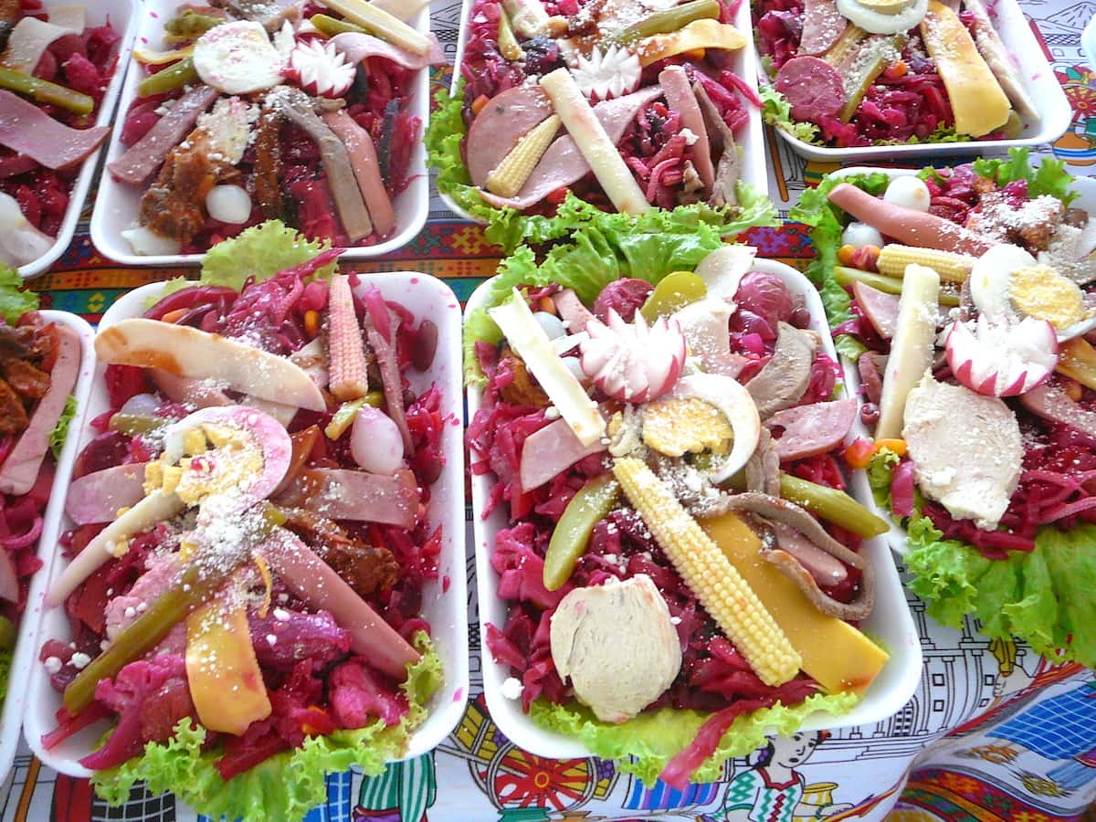Close-up of fiambre, a cold meat and vegetable salad that's traditionally eaten on dia de los muertos in Guatemala.