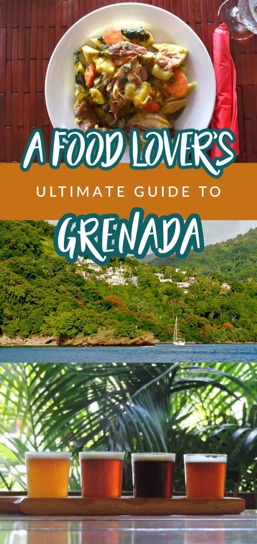 Collage of typical food and scenery in Grenada for Pinterest. 