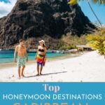 Pinterest image of couple on a beach with text overlay Best Honeymoon destinations in Caribbean.