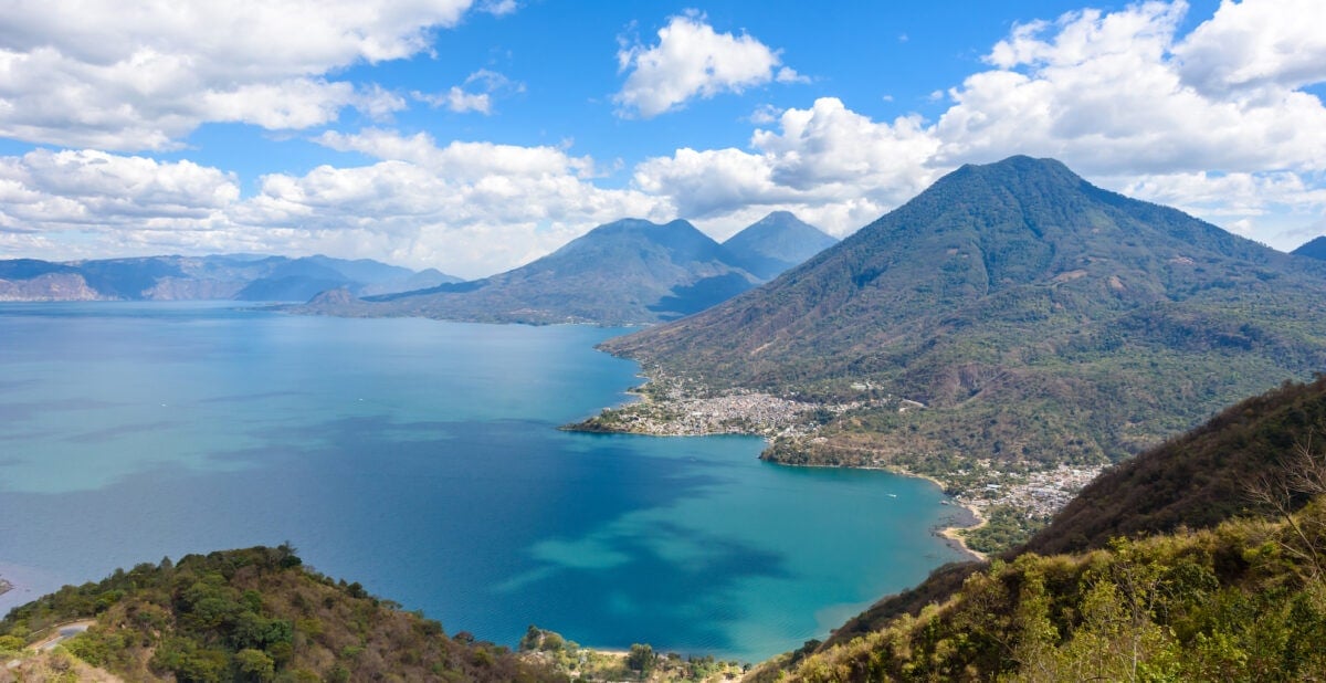 View of Lake Atitlan with the three volcanos San Pedro, Atitlan and Toliman DP