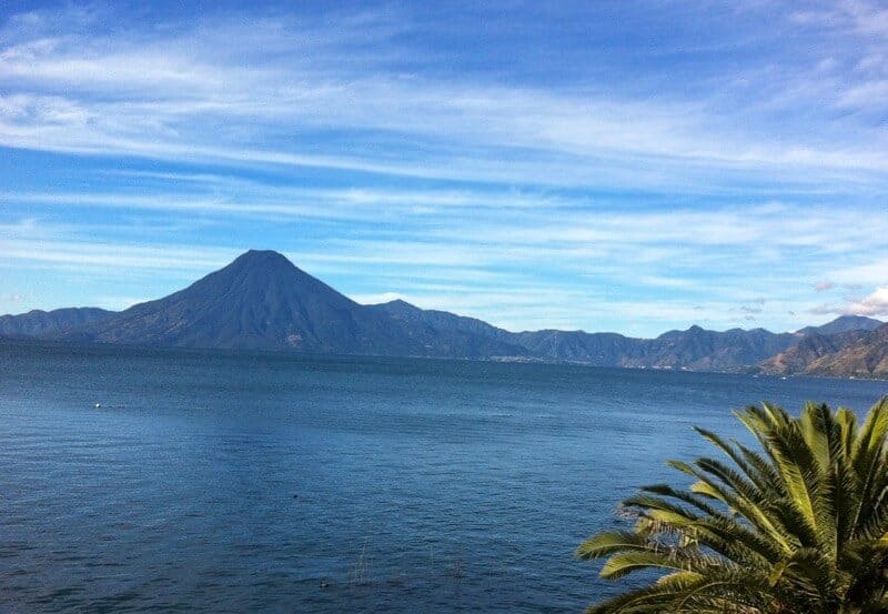 View of Lake Atitlan and the surrounding volcanoes in Guatemala.