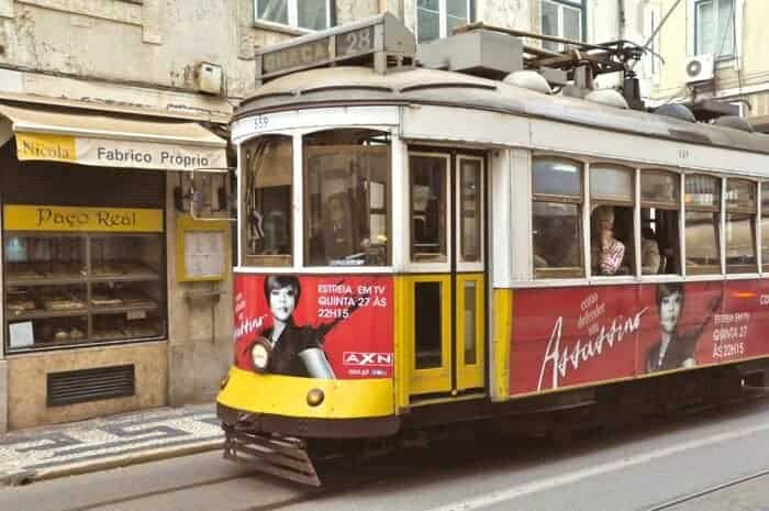 A historic tram in Lisbon, Portugal. 