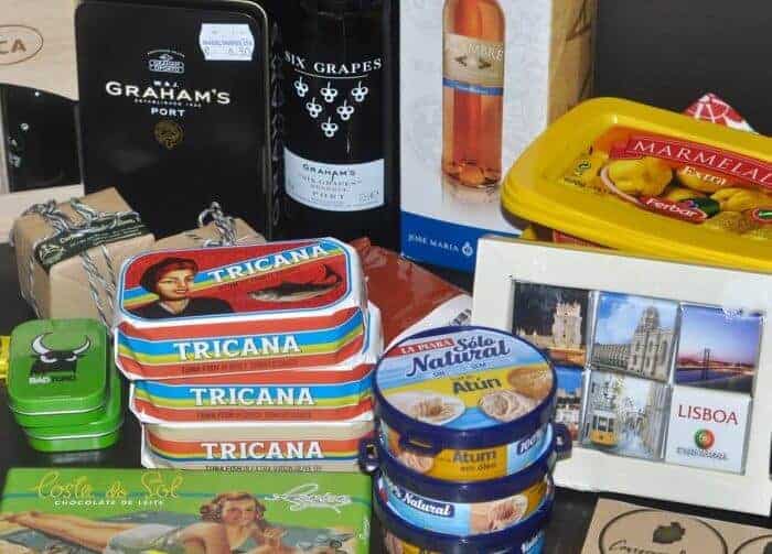 Lots of food souvenirs from olive oil, tinned fish, chocolate and port purchased as souvenirs on the Iberian Peninsula.