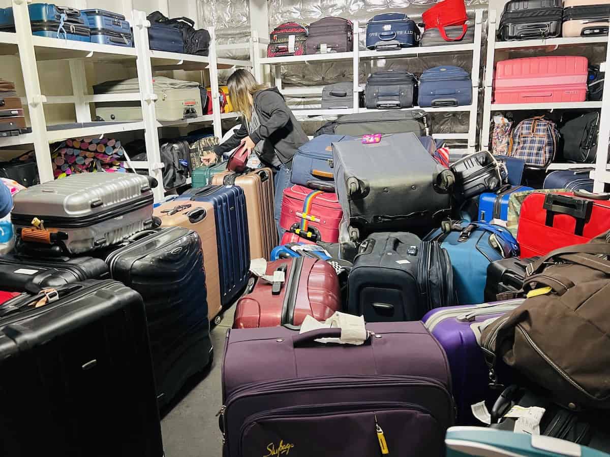 Lost luggage in a storage area. 