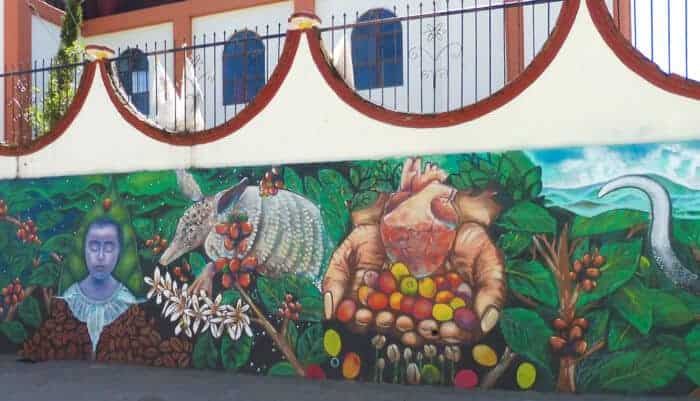 Coffee themed mural showing coffee beans in Pluma Hidalgo Oaxaca.
