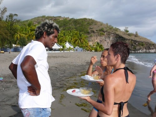 Chef Guy Ferdinand chatting with diners at Le Carbet, Martinique. 