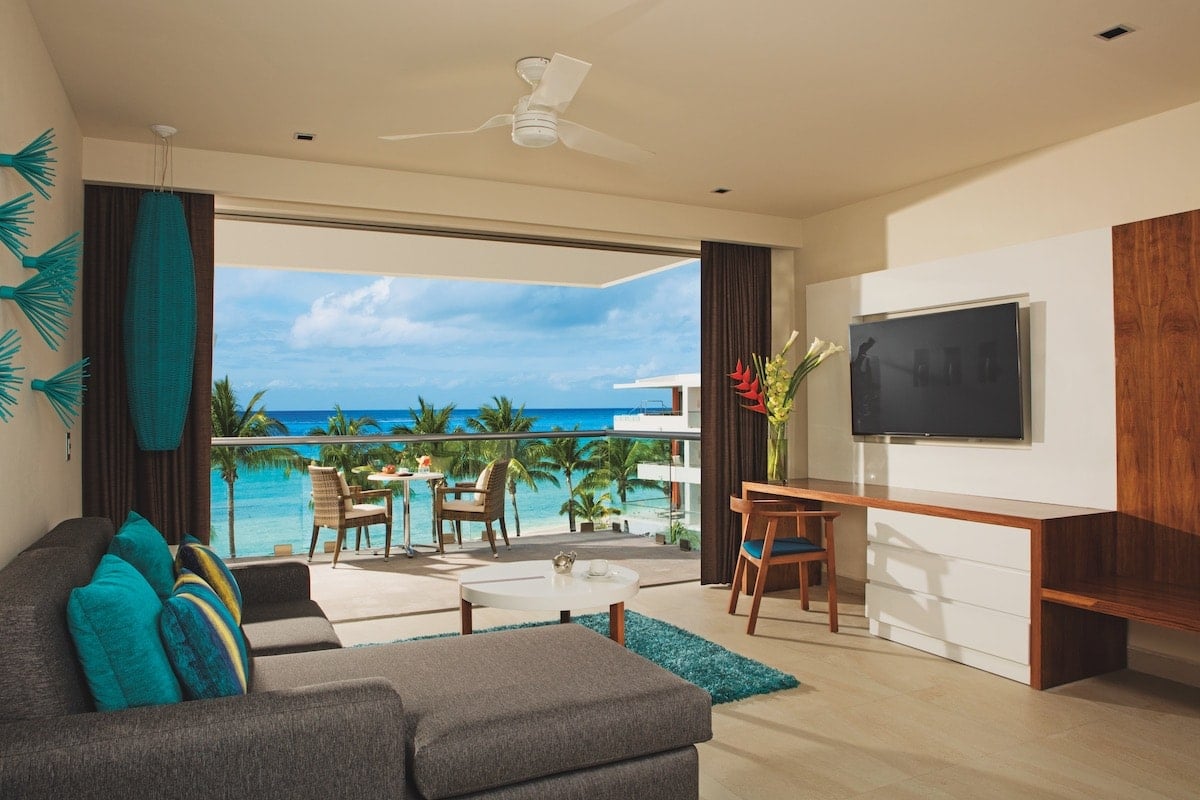View of the ocean in a Preferred Junior Suite at Secrets Aura Cozumel. 