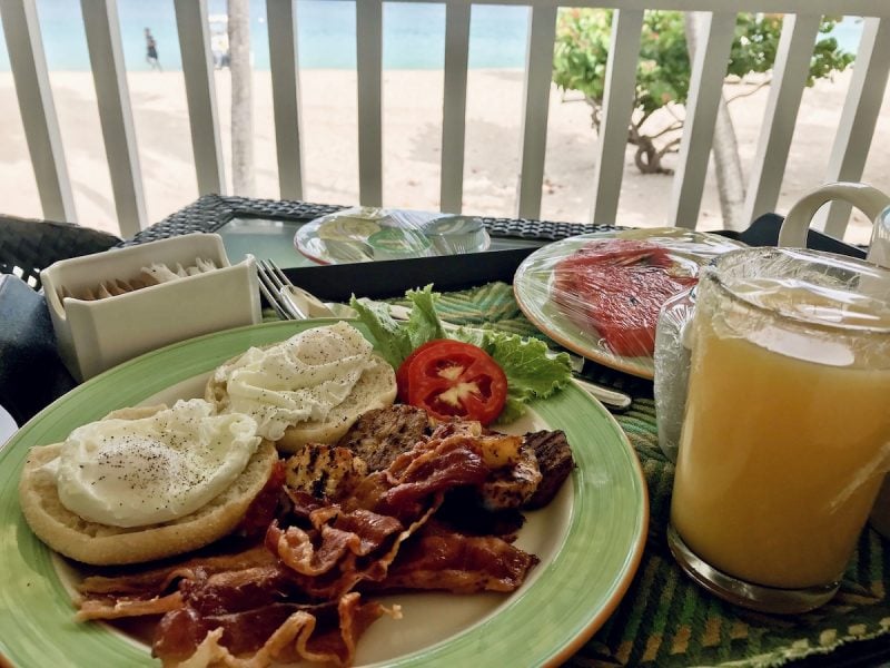 Room service breakfast at Radisson Grenada