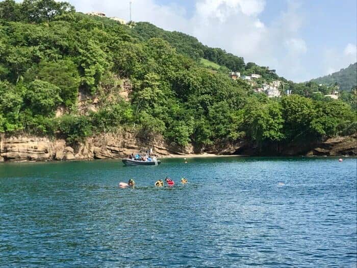 A group of people snorkelling at Grenada Underwater Sculpture Park near the shore. 