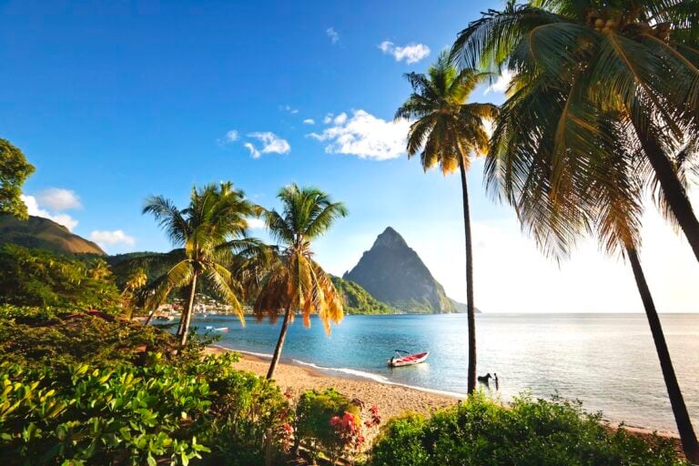 View of Soufriere seafront with palm trees in St. Lucia Credit Saint Lucia Tourism Authority