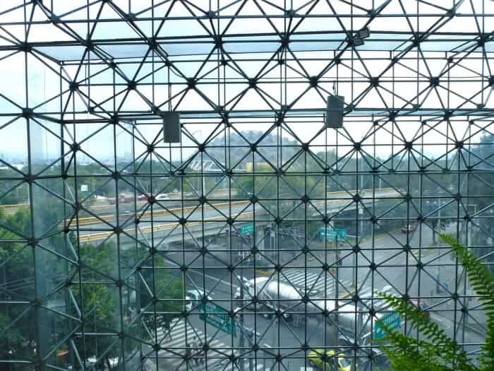 View of the geodesic dome of Palacio de los Deportes ( Sports Palace) seen through the hotel courtyard at the grand Prix hotel. 