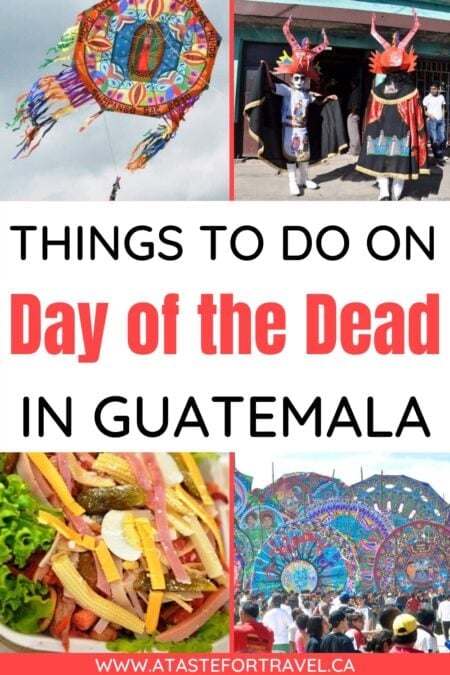 A collage of giant kites, Day of the Dead salad and people in devil costumes on Day of the Dead in Guatemala.