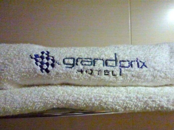 Racetrack-themed towels at Grand Prix Hotel in Mexico City.