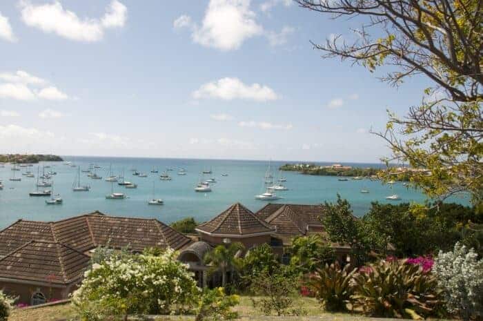View of Prickly Bay and boats at Calabash Hotel and Villas in Grenada. 
