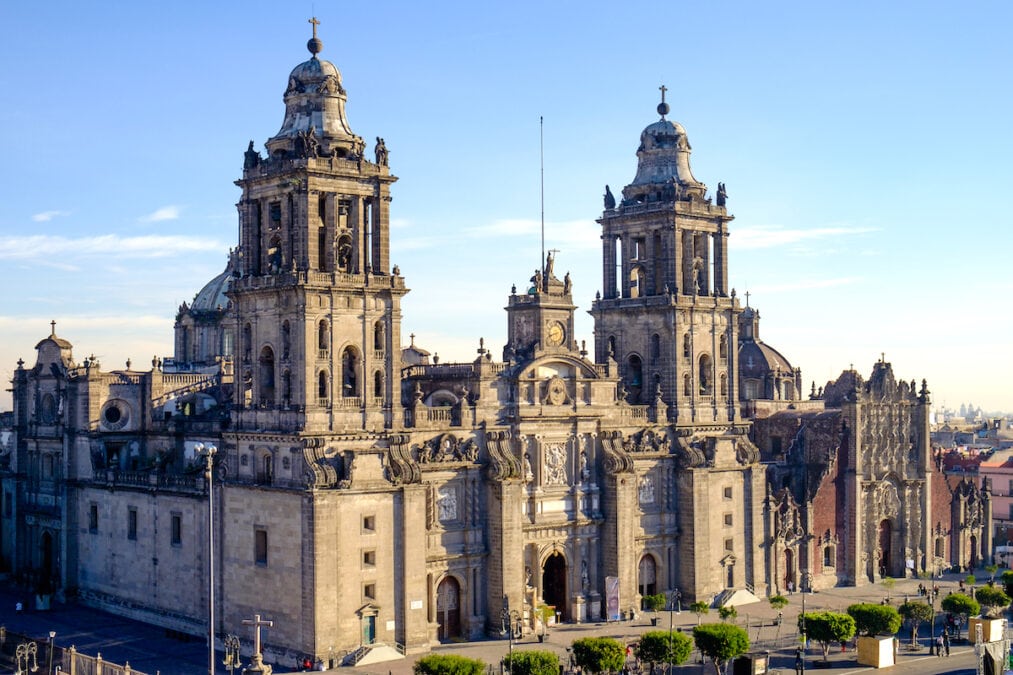 View of Zocalo square and cathedral in Mexico City.