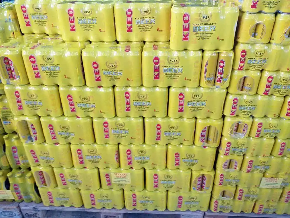 Cases of Keo stacked.
