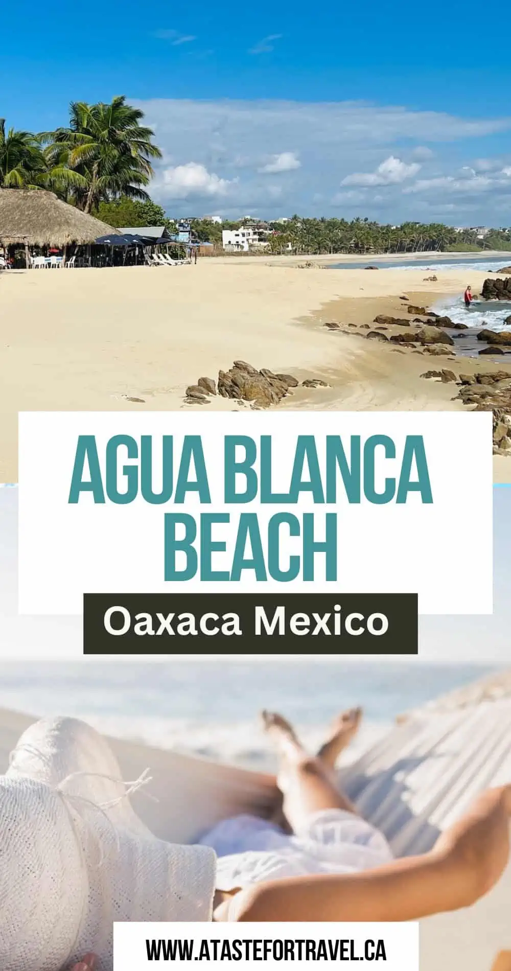 A collage of a hammock and a secluded beach in Oaxaca.  