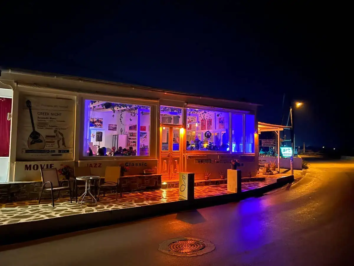 Art Cafe in Agios Prokopis at night in Naxos.  