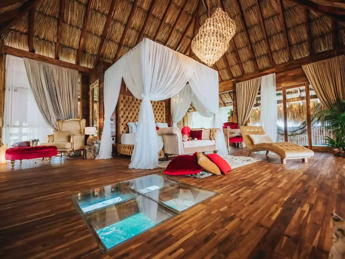 Interior of an overwater bungalow in Aruba. r