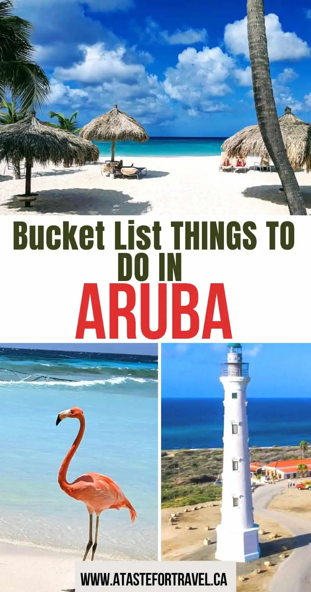 Collage of attractions in Aruba including beaches, a flamingo and the California lighthouse. 