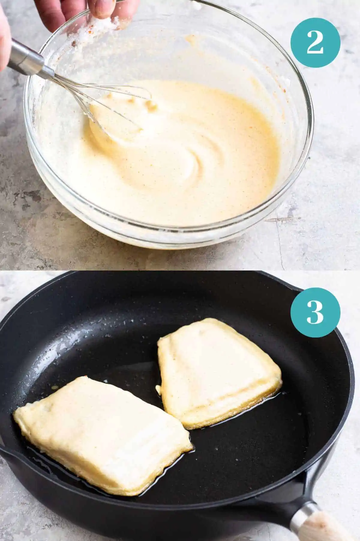 Collage showing making the batter for bacalao cod stew and frying in the panl.