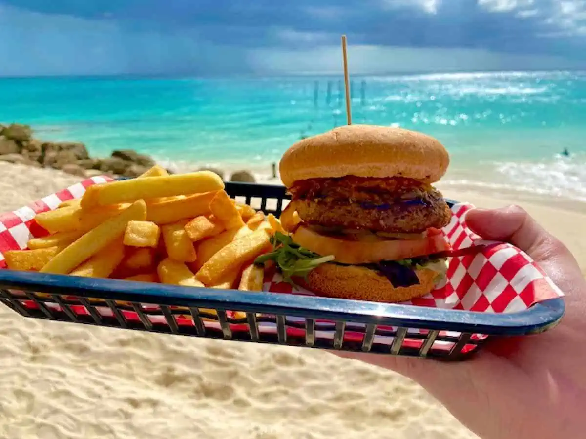 hearty veggie burgers.at Druif Beach in Aruba. 