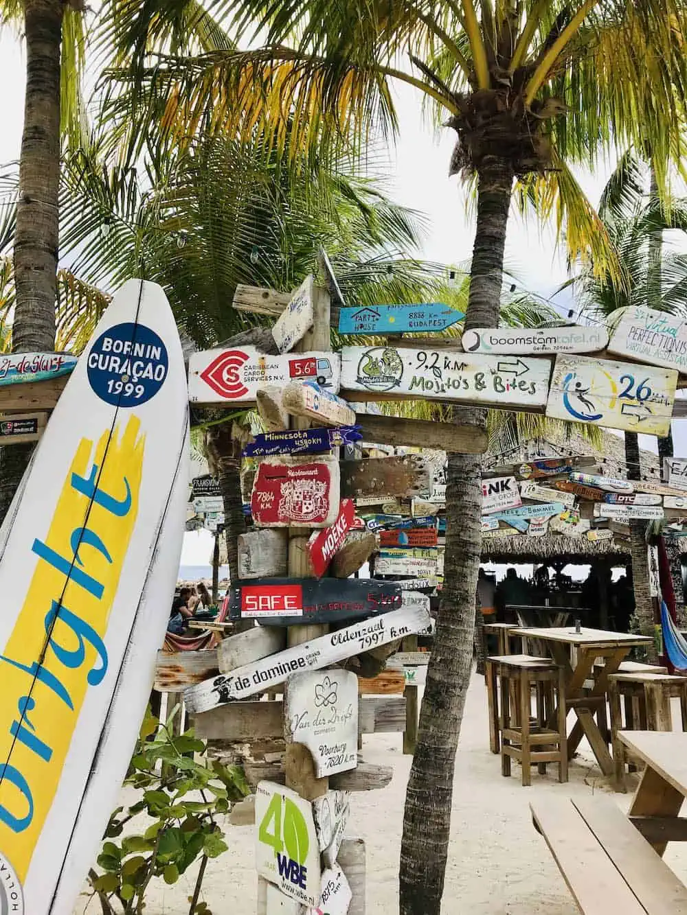 An eclectic collection of signs in a beach bar in Curacao 