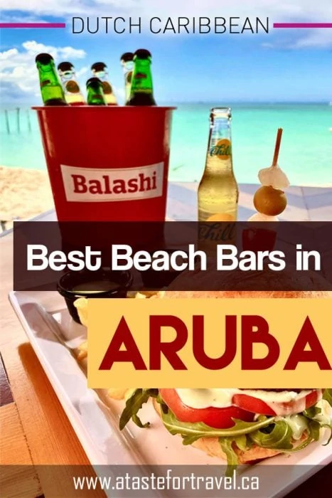 Beach Bars in Aruba text overlay on bucket of beer and beach snacks 