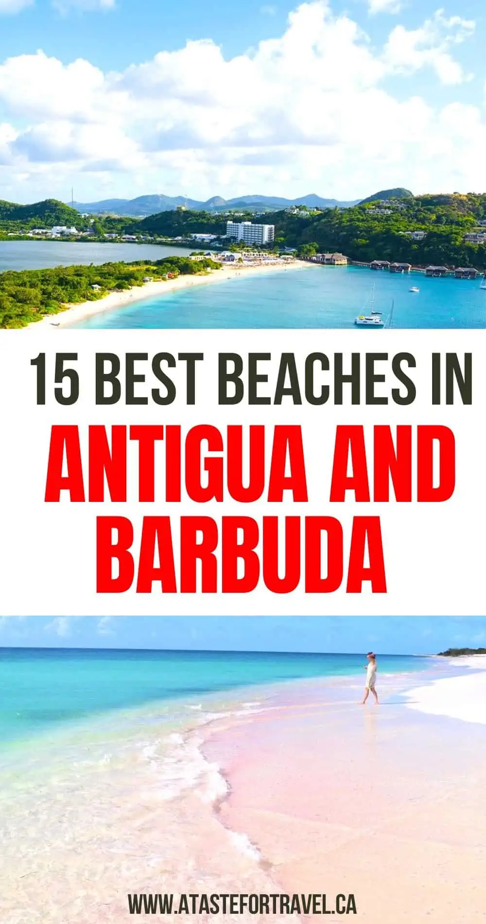 A collage of a pink sand beach in Barbuda and a beautiful beach in Antigua for Pinterest. 
