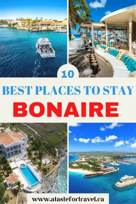 Collage of four resorts with text overlay for Pinterest of 10 Best Places to Stay on Bonaire. 