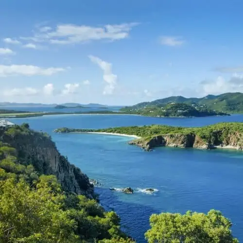 Panoramic view from Views of Great Camanoe Island to Little Camanoe Island, Tortola and Beef Island on British Virgin Islands, Caribbean.