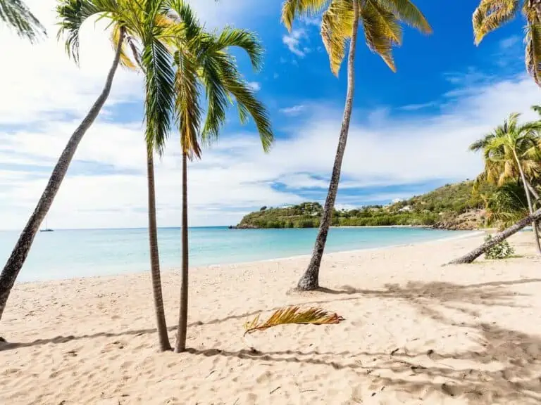 Carlisle bay beach with white sand, turquoise ocean water and blue sky at Antigua island in Caribbean