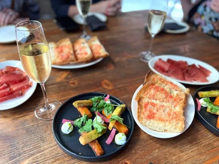 Catalan food in Barcelona on a wooden table.