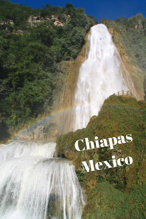 View of El Chiflon waterfall with text overlay of Chiapas Mexico for Pinterest. l de las Casas,