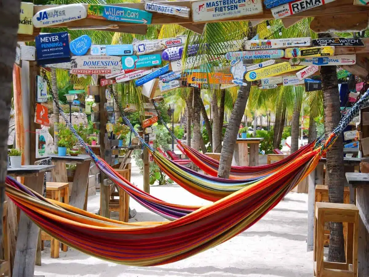 Hammocks hanging at outdoor beach bar.