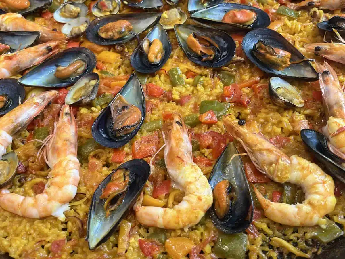Close-up of seafood paella in Barcelona. 
