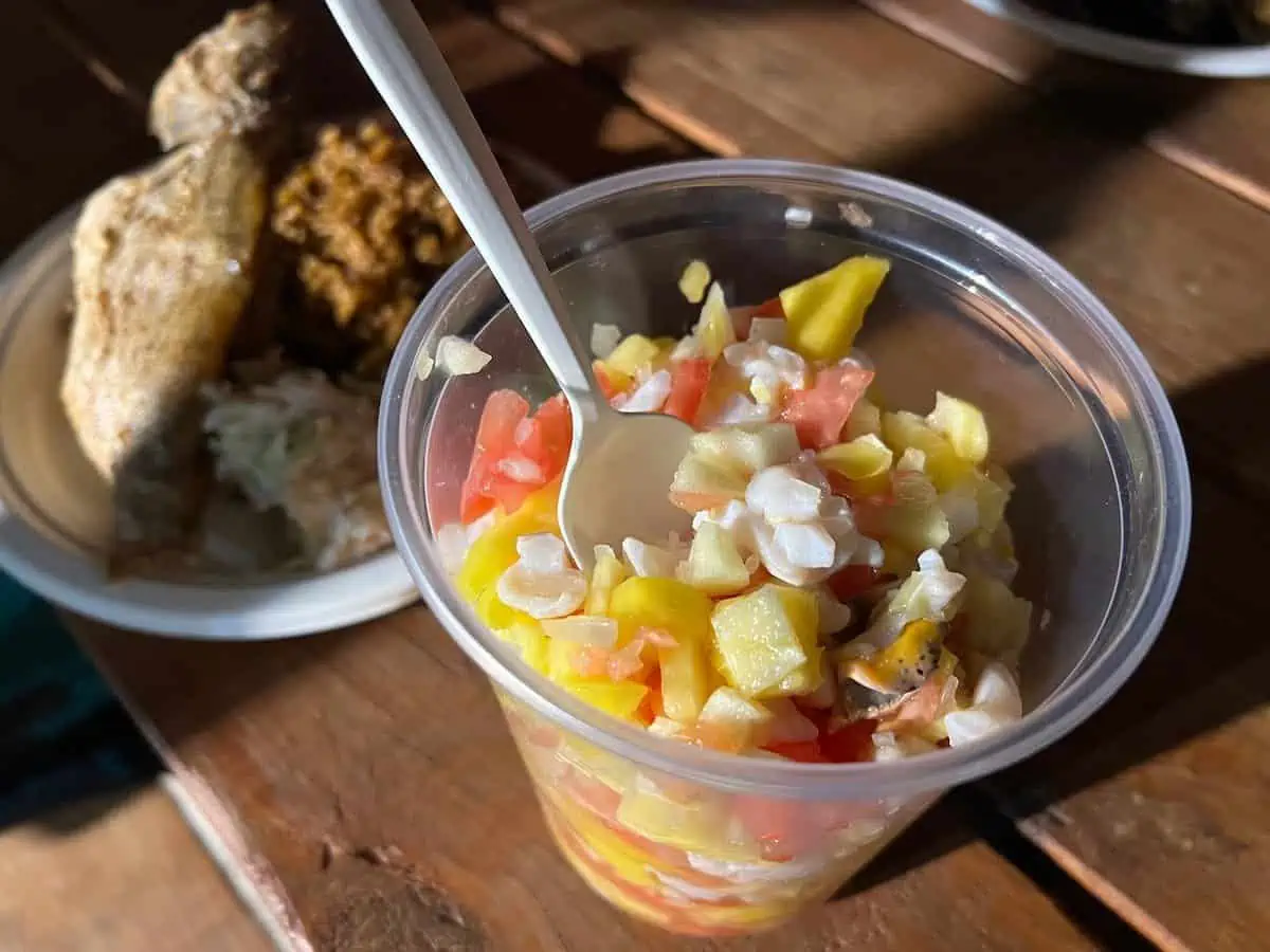 Conch salad in plastic cup with spoon. 