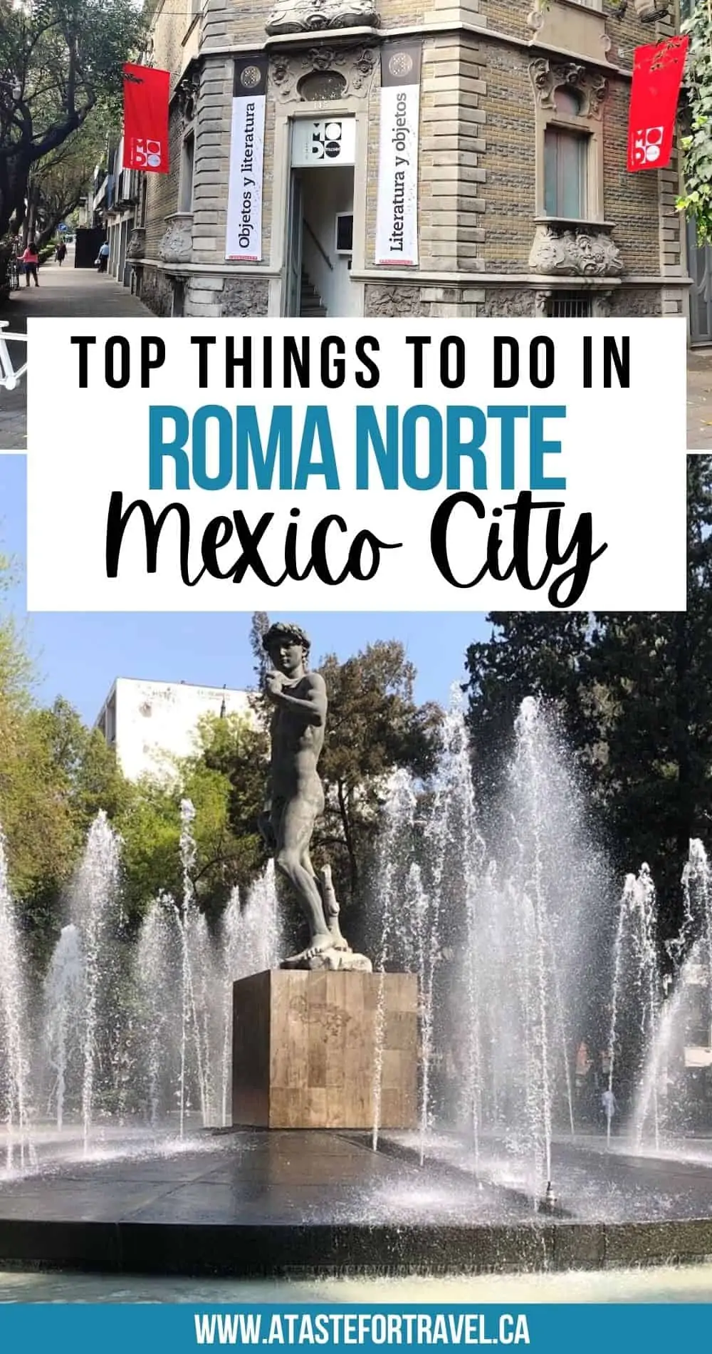 Pinterst text overlay of top things to do in Roma Norte on a collage of a fountain and museum.