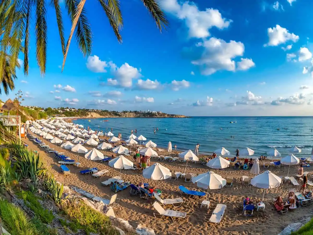 Aerial view of Coral Bay beach in Paphos.