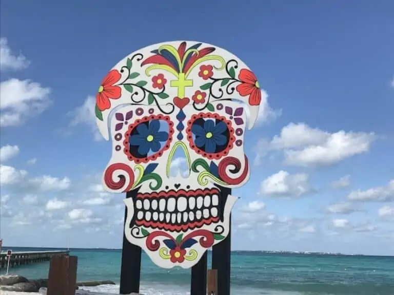 Decorated skull on the beach for Day of the Dead in Cancun, Mexico.