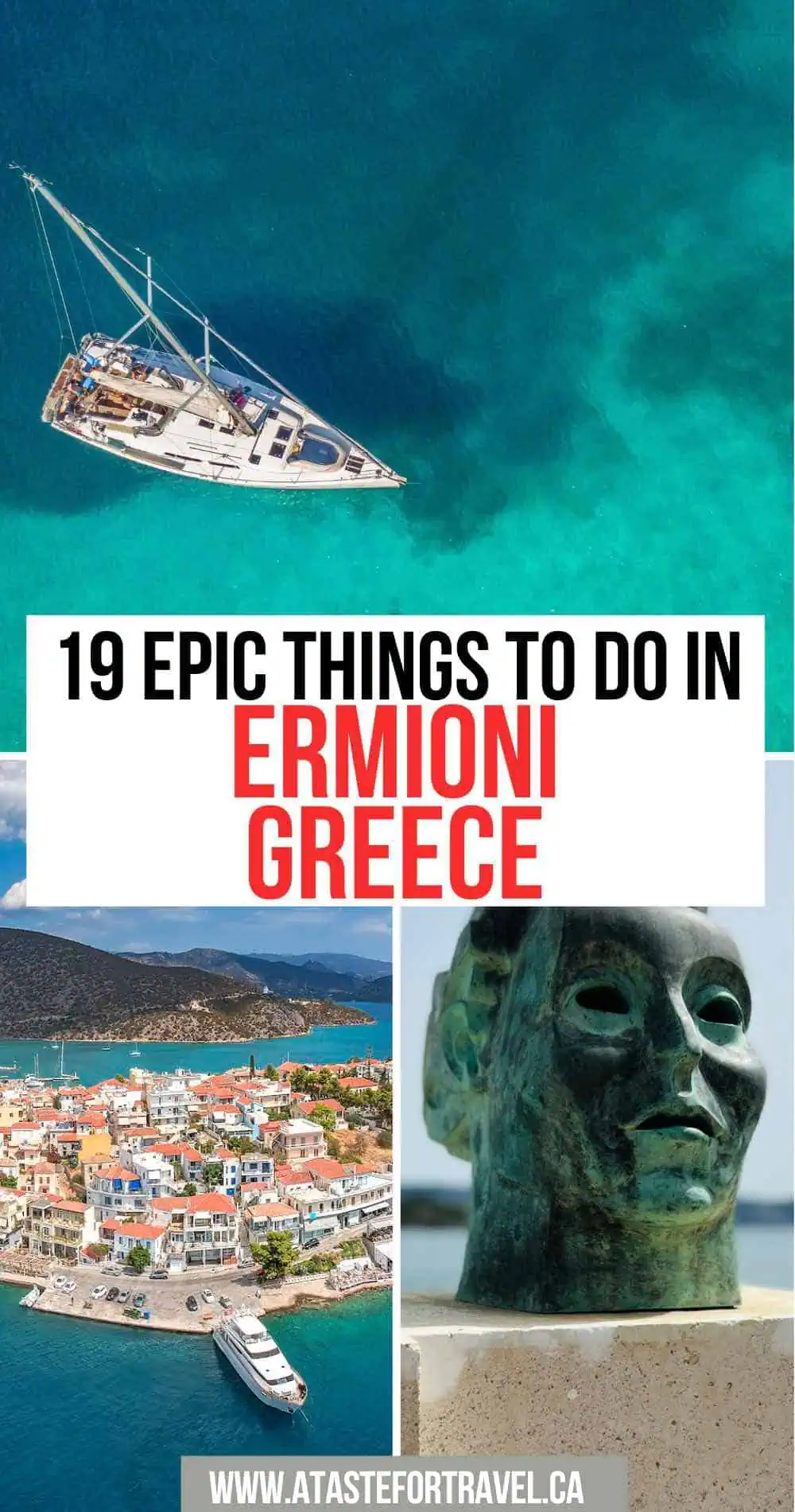 Collage of things to do in Ermioni including sailing, a sculpture on the waterfront and an aerial view. 