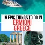 A collage of things to do in Argolida region of Greece including Nemea, sailing and sculpture of Hermione.