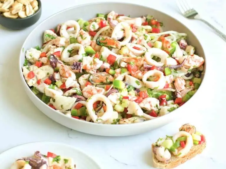 White bowl of salpicon de mariscos.