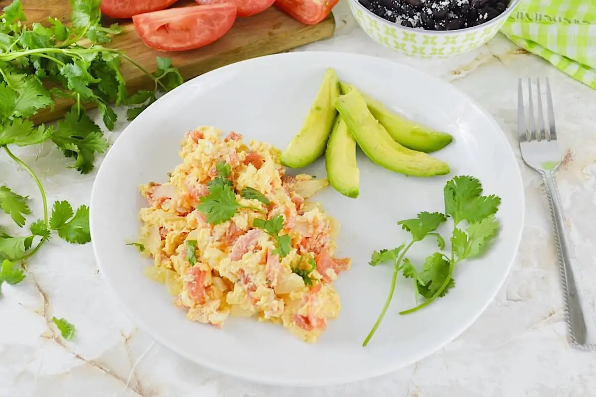 Scrambled eggs with tomato and onions on a white plate.