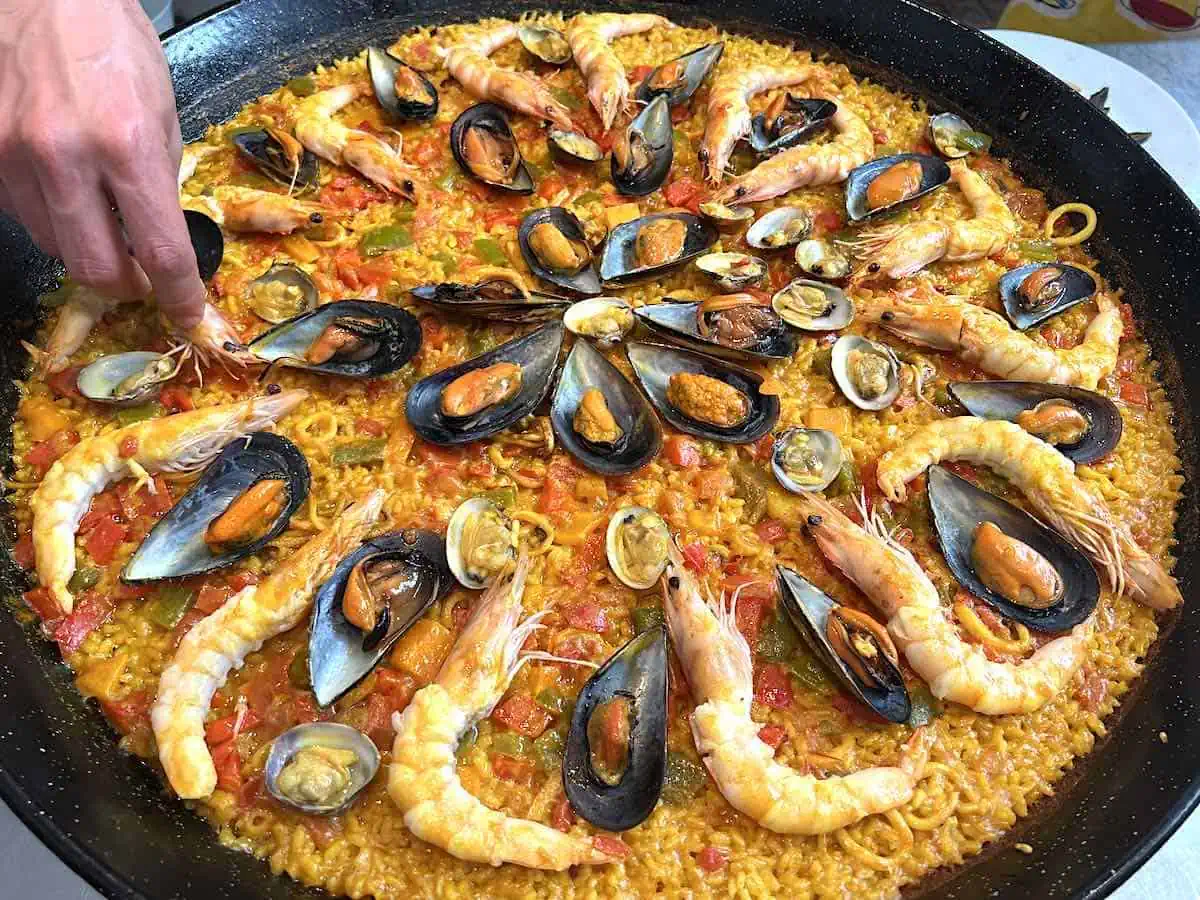 Finished paella at a Barcelona cooking school. 